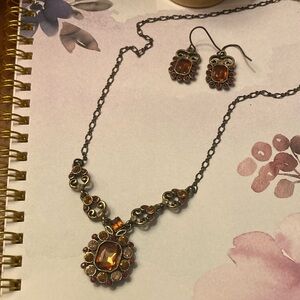 Vintage Amber Stone Necklace and Earring Set